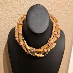 Vintage Multi Strand Wooden Bead Necklace W/Texture Pink Metalic Accents